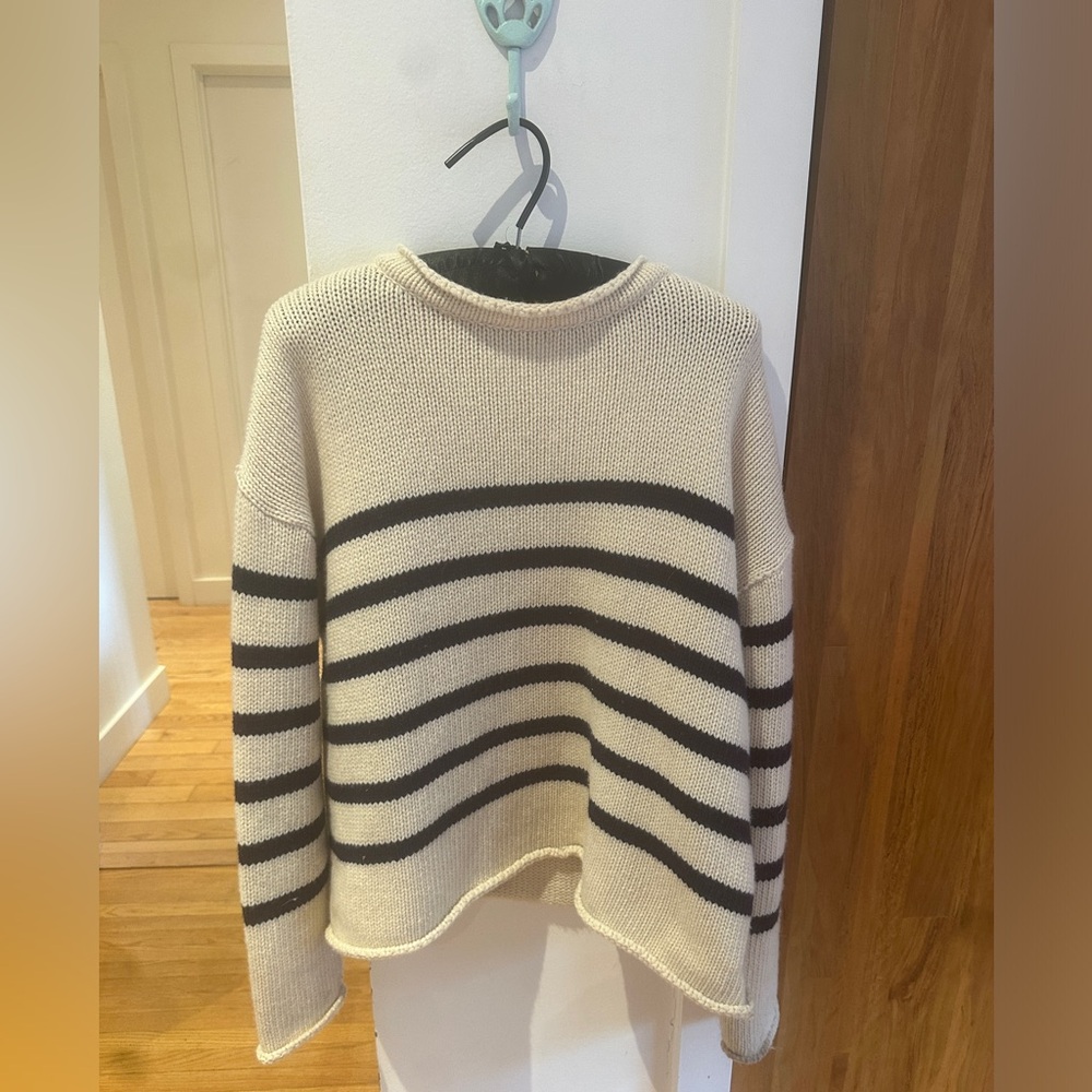 Olive wool roll neck striped sweater size large.  Worm once.
